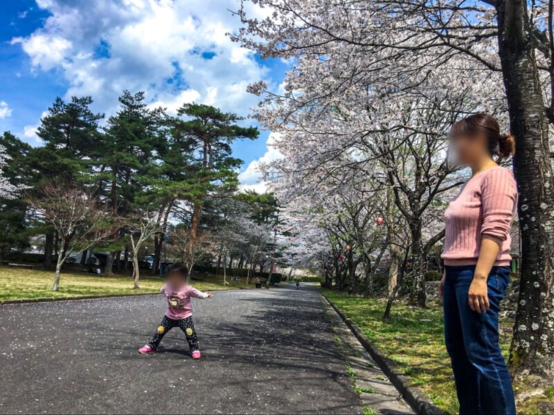 福岡ローマン渓谷オートキャンプ場の桜の下で子供と遊ぶ