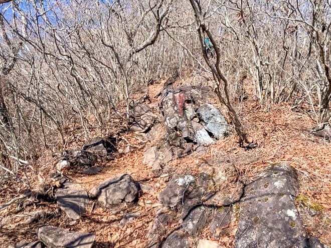 岩にペイントされた矢印を頼りに登ります