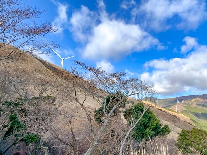 稜線に並んだ風力発電のプロペラは圧巻