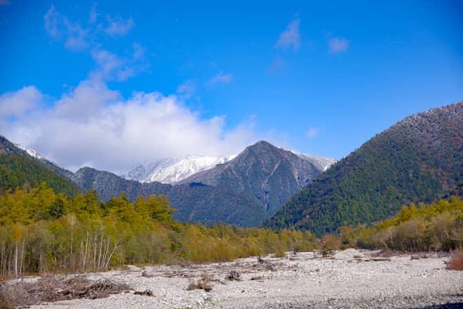 景色の開けた場所からは梓川越しに明神岳を