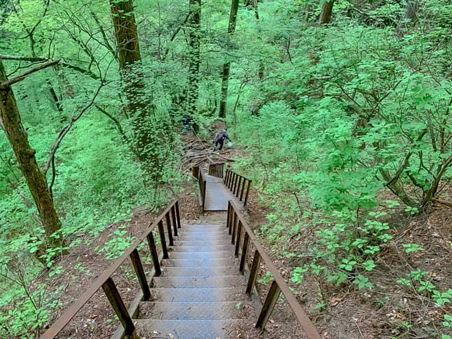 もはや梯子といっても差し支えない急勾配の鉄階段は