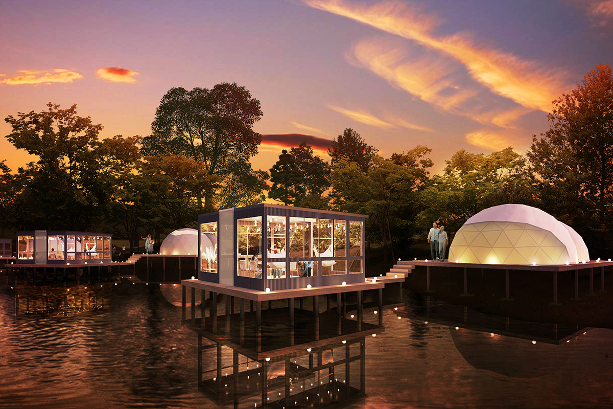 滋賀県最大級のグランピング施設「グランエレメント」に水上テラス付きツインドームがオープン