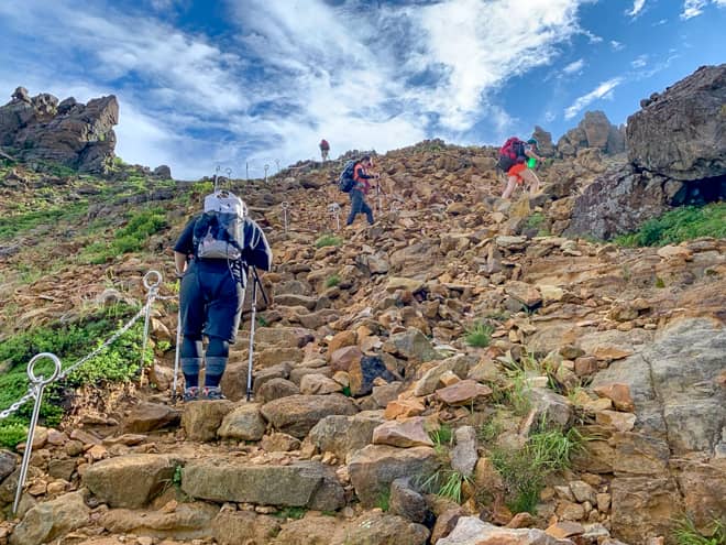 今までの登山道とは一変して荒々しい道のりです