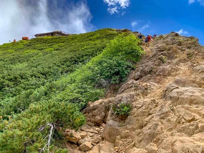 ひたすら足元が滑る岩場の急登を登り続けると