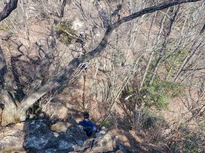 急こう配の岩登りと岩下りが連続