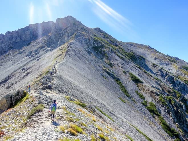 後ろを振り返ると、立山三峰の荒々しい岩肌の山と