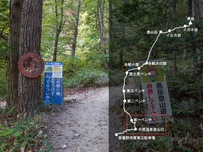 中房温泉登山口→第一ベンチ