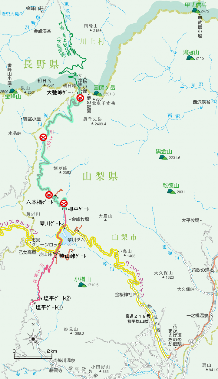 川上牧丘林道のマップ