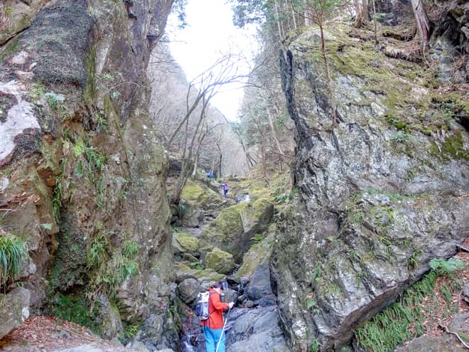 「白谷沢」にある切り立った岩壁に挟まれた峡谷