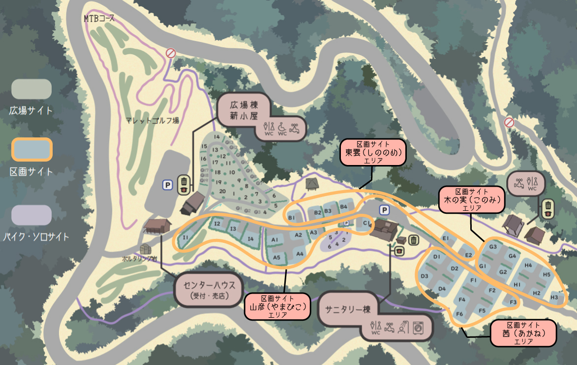 美鈴湖もりの国オートキャンプ場のサイトマップ